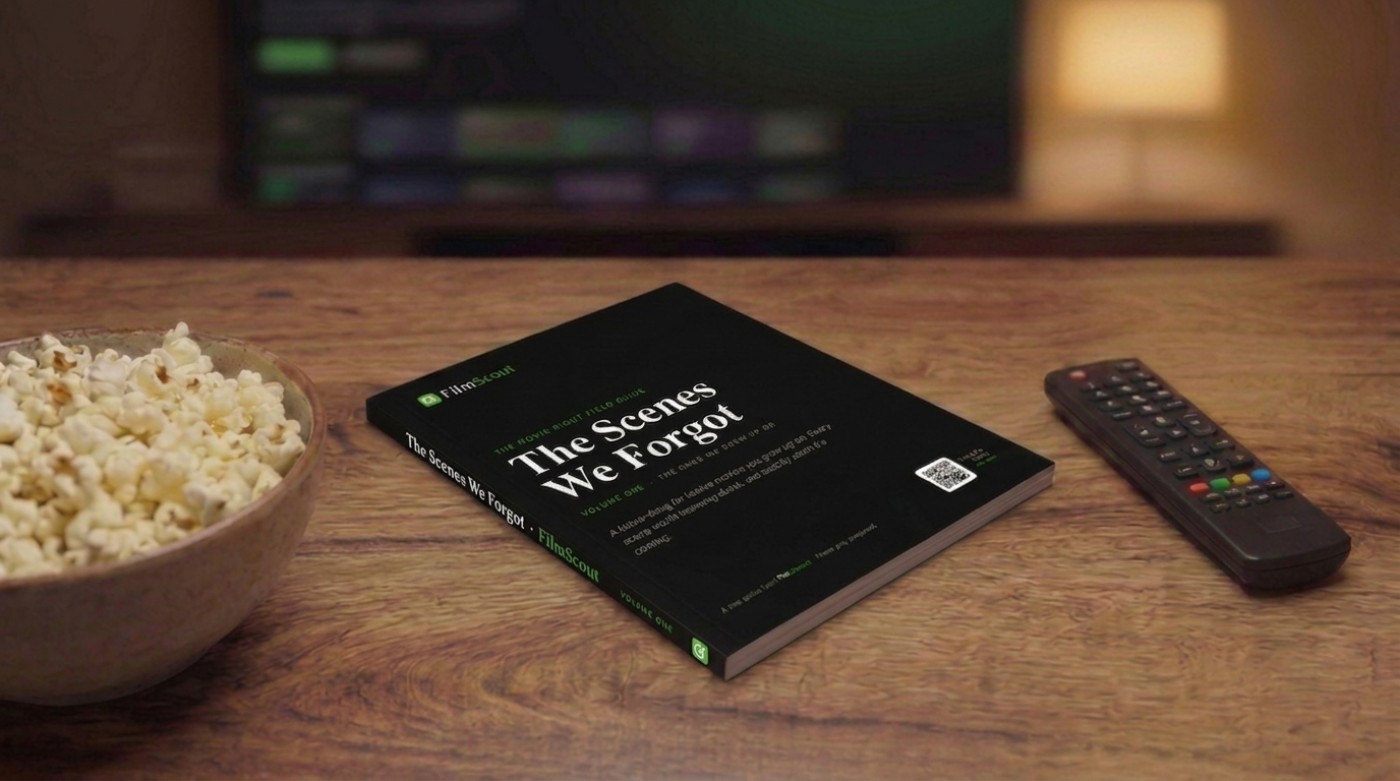 The Scenes We Forgot guide on a coffee table, movie-night TV glowing behind.